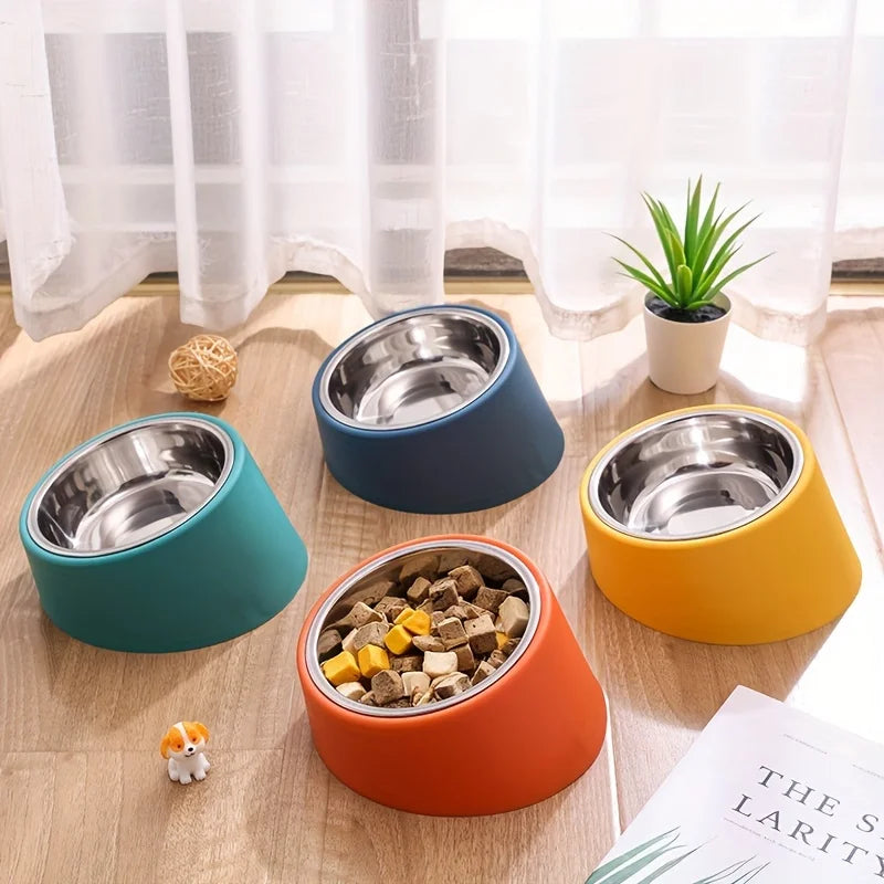 Pet Bowl Tilted Feeding Bowl Tilted Mouth Elevated Dog Bowl with Bowl Rack Made of Stainless Steel, Durable and Detachable