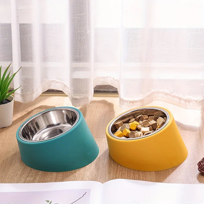 Pet Bowl Tilted Feeding Bowl Tilted Mouth Elevated Dog Bowl with Bowl Rack Made of Stainless Steel, Durable and Detachable