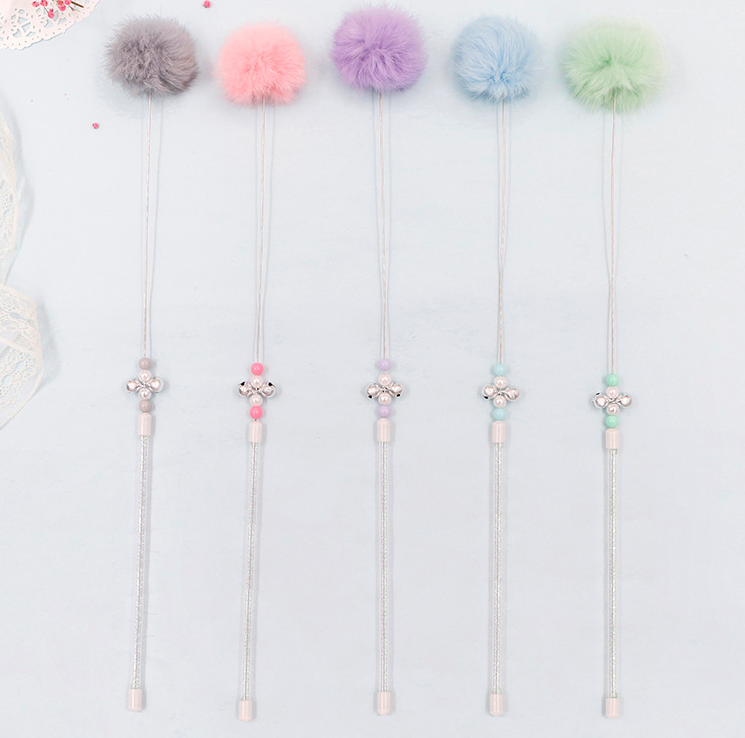 Colorful Pom Pom Cat Teaser Wand with Bell Toy